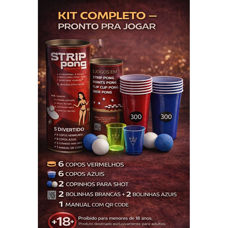 Beer Pong 5 em 1 +18 – Kit Completo com 12 Copos, 4 Bolinhas e 2 Shots